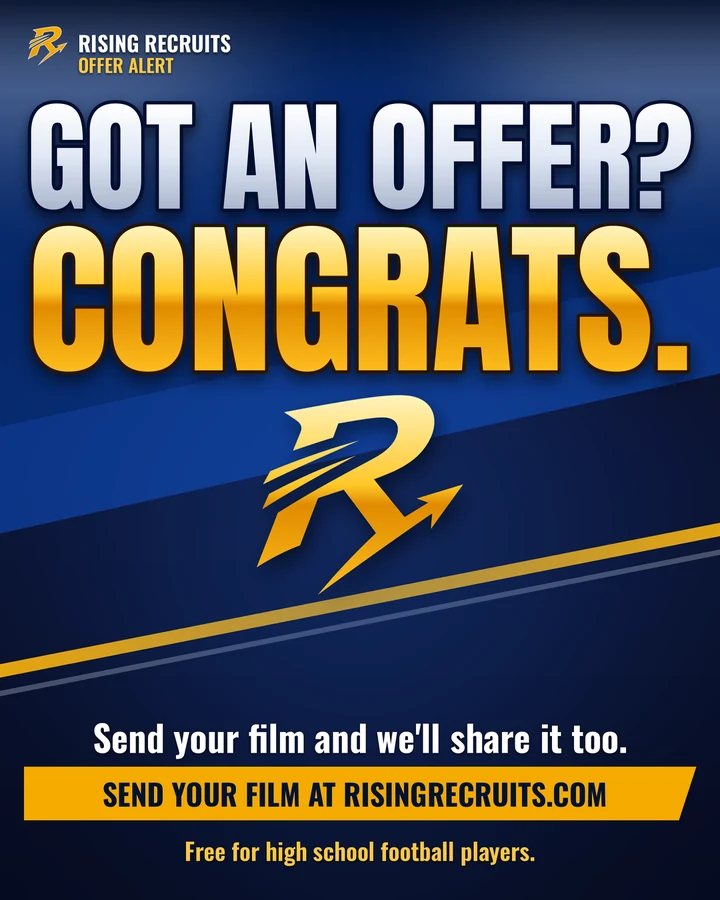 EXAMPLE card. Navy and gold Rising Recruits Offer Alert placeholder with the gold R logo. Got an offer? Congrats. Send your film and we'll share it too.